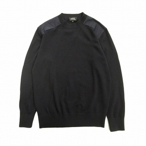 美品 アーペーセー A.P.C. ショルダーパッチ ニット セーター クルーネック ウール 切替 S ネイビー メンズ