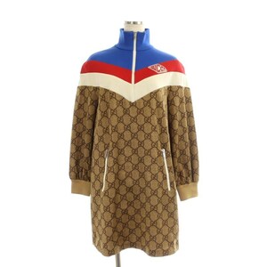 グッチ GUCCI GGテクニカル ジャージー ドレス ハーフジップ ワンピース ミニ 長袖 総柄 XS 茶 青 赤 生成り /MI ■OS レディース