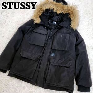 STUSSY　メンズ　ダウンジャケット　ボリュームフード　ファー付　黒　XL ファー ブラック フード