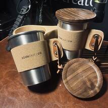 超高品質 コーヒーカップ マグカップ くるみ木蓋 2個セット ステンレス製 アウトドア 登山 キャンプ 調理器具 260ml_画像1