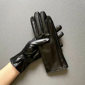 新品　レディース　レザー 手袋 革手袋 グローブ 裏起毛　暖かい　通勤用　ブラック　黒　女性用手袋　合皮　レザーグローブ