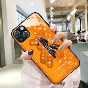 新カラー　iPhone15 14　携帯ケース　強化ガラス　高級感クマ　オレンジ
