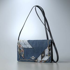 MF7559▽COACH/コーチ*デニム/レザー*パッチワーク*ラインストーン*フラップ*ショルダーウォレット*財布*クラッチバッグ*斜め掛け鞄*F58552