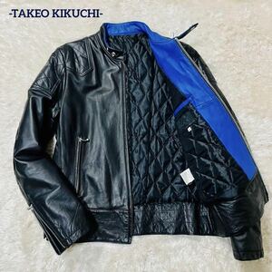 1円【タケオキクチ/希少/極美品】ライダースジャケット【TAKEO KIKUCHI/シングル/キルティング/馬革/Lサイズ/レザージャケット/ブラック】