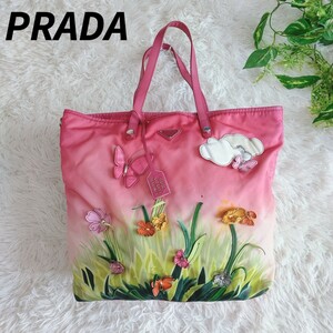 1円■希少・限定品■PRADA プラダ トートバッグ ハンドバッグ ショルダーバッグ 肩掛け 三角ロゴ ロゴ金具 花柄 蝶 フラワー ピンク 