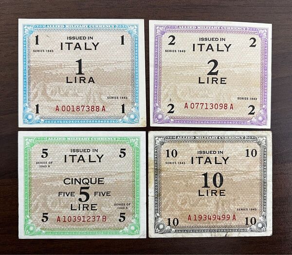 イタリア 軍票 紙幣 リラ 4枚 軍票 紙幣 軍隊 戦争 通貨 旧紙幣
