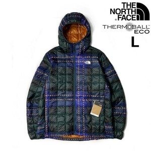 1円～!売切!【正規新品】THE NORTH FACE PRINTED THERMOBALL ECO HOODIE 中綿ジャケット US限定 防寒 ダウン(L)青 緑 チェック柄190122-120