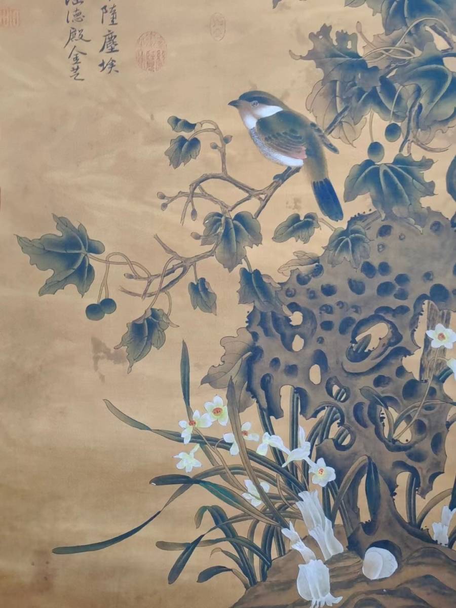 k 귀중한 고대 중국 실크 직물을 기반으로 한 그림 희귀하고 오래된 중국 그림 [Shen Zhou의 Lankou Bird Picture] 민족 회화 중국 고대 예술상 골동품, 삽화, 그림, 수묵화