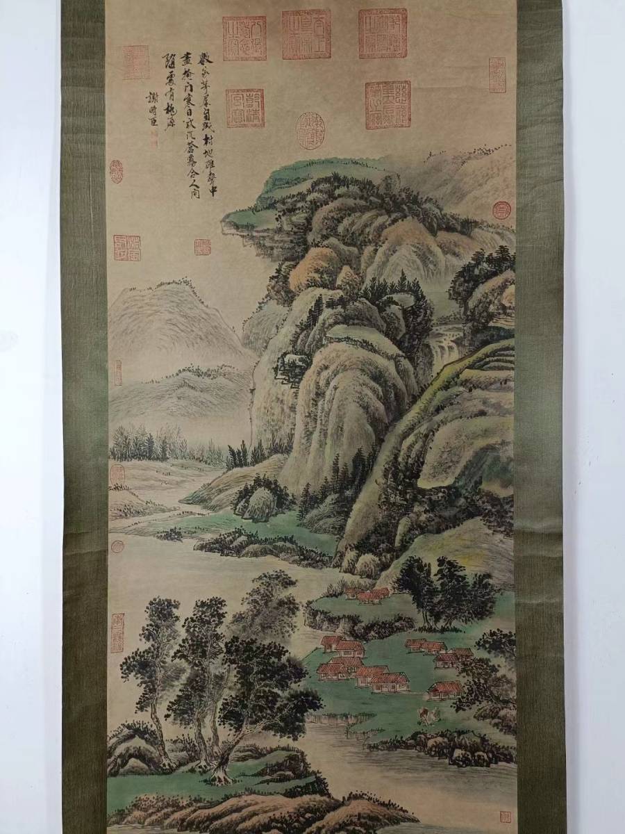 k Rare item Formerly owned Chinese antique painting Precious ancient silk mounting [Expressing gratitude to Tokiomi - Flowing clouds and blue mist overlapping green illustration Chinese landscape] National painting Chinese antique art Prize artifact Period piece, artwork, painting, Ink painting