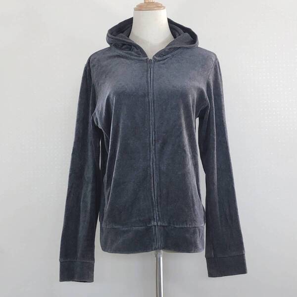 Y0142 UNIQLO ユニクロ レディース トップス ジップパーカー 長袖 ベロア XLサイズ グレー 灰 無地 綿素材含 シンプルデイリーカジュアル