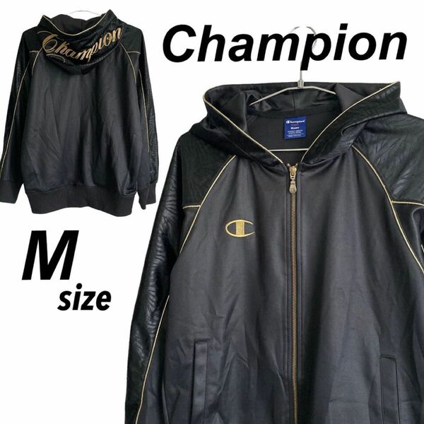 Champion チャンピオン メンズ ジップパーカー M スポーツ ゴールドロゴ 刺繍ロゴ アニマル柄 ブラック系(p69)