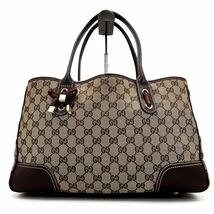 1円【 正規品・人気シリーズ 】GUCCI グッチ ハンド トートバッグ GG キャンバス レザー シェリーライン リボン 肩掛け A4◎ ベージュ 茶_画像2