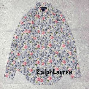 ラルフローレン Ralph Lauren ヴィンテージ　花柄シャツ　長袖シャツ 花柄　薔薇柄　ストライプ　コットン100% メンズ