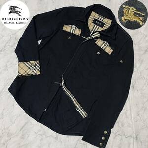 美品■希少 バーバリーブラックレーベル シャツジャケット 襟ワイヤー ノバチェック ミリタリー 黒 M BURBERRY BLACK LABEL ホースロゴ刺繍