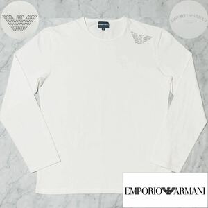 大きいサイズ/XL■白×シルバー■エンポリオアルマーニ ラインストーン バックプリント 長袖Tシャツ ロンT ストレッチ EMPORIO ARMANI 伸縮