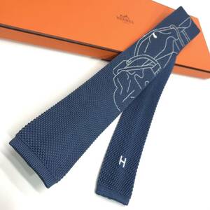 ★美品★HERMES エルメス シルクニットタイ Tete-A-Tete Equestre Tricot De Soie ネクタイ ネイビー 馬 ホース H903046T