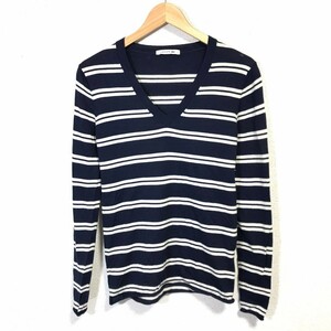 F8871dL LACOSTE ラコステ サイズ40(L位) Vネック ニットセーター 毛100% ウールニット 薄手 ネイビー×ホワイト ボーダー柄 レディース