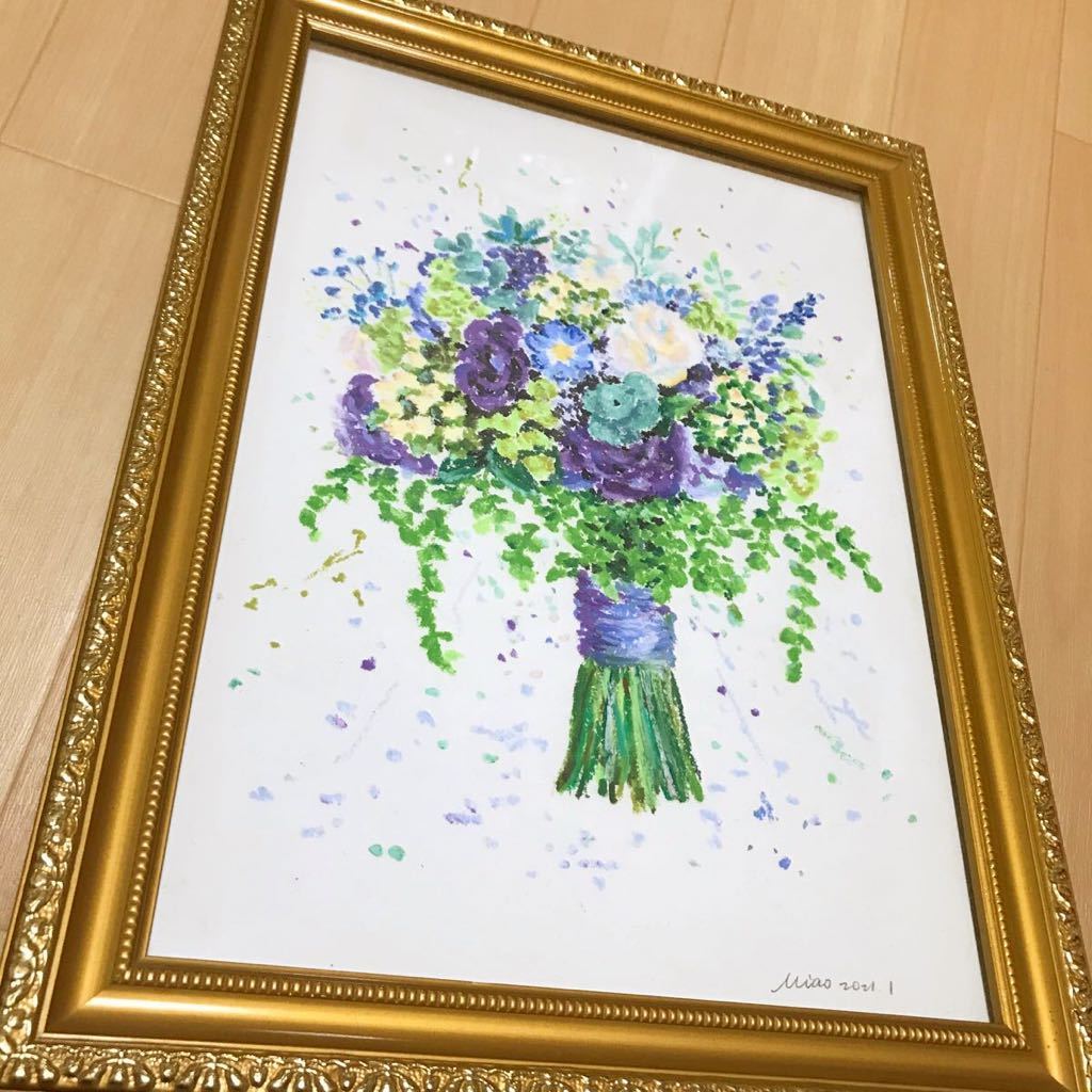 オイルパステルアート 額付き フレーム入り 原画 お花 絵画 作品, 美術品, 絵画, パステル画, クレヨン画