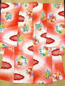 ◆絞り染めの雲に花の飛び柄♪正絹三歳女児祝い着◆ 上質生地 裄46(7)お値打ち 七五三 訳あり