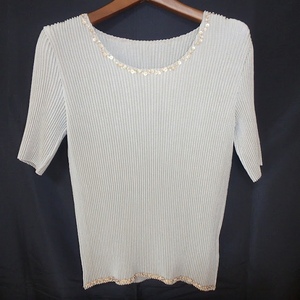 #spc spec chioSPECCHIO cut and sewn 40 beige beads spangled pleat short sleeves lady's [850621]
