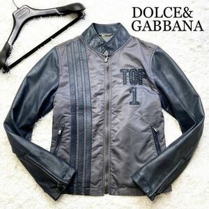 【極美品!】希少M-L★DOLCE&GABBANA【幻の逸品】最高級ラムレザーナイロンジャケット 本革 羊革 異素材 メタルZIPドルガバD&G ハンガー付48