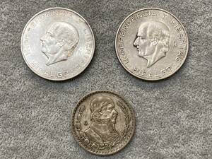 ★現状品★ メキシコ 1955 10ペソ銀貨×２/1964年 1ペソ銀貨×１
