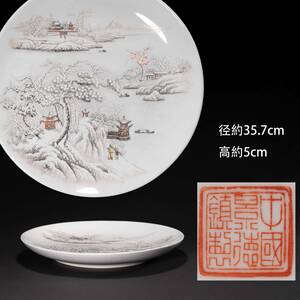 中国美術　景徳鎮製　山水図　雪景色　人物図　白磁皿　飾物　置物　焼物 陶器　瓷器　YD23103102