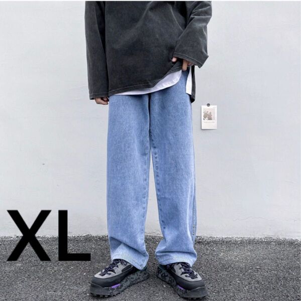 ストリート ワイド デニム パンツ ジーンズ ロールアップ ストレート ライトブルー