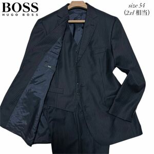 【極美品/希少54(2XL)】HUGO BOSS ヒューゴボス スーツ スリーピース 3P セットアップ ストライプ ベスト ダークネイビー メンズ ビジネス