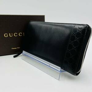 1円 【美品】GUCCI グッチ 長財布 マイクロシマ ラウンドウォレット レザー 本革 ブラック 黒 メンズ レディース 男女兼用