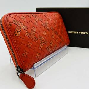 1円 【付属品有】 BOTTEGA VENETA ボッテガヴェネタ 長財布 イントレチャート ラウンド レザー パイソン レッド 赤 メンズ 男女兼用