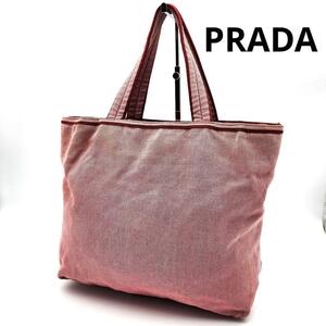 PRADA キャンバス　三角ロゴ　トートバッグ　ハンドバッグ　ピンク　レッド