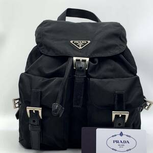 749【希少ミニサイズ 廃盤】PRADA プラダ リュック バックパック テスートナイロン 三角ロゴプレート 金具 レザー ブラック NERO 白タグ 