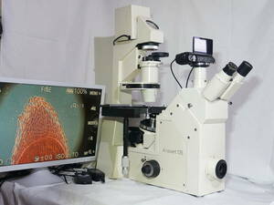 ZEISS 倒立型蛍光顕微鏡 Axiovert 135M 位相差、高輝度青色LEDによる蛍光観察、一眼デジカメ、大型モニタ