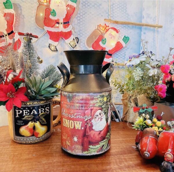アンティーク雑貨ガーデン オーナメント サンタクロースのミルク缶#クリスマス#店舗什器#junk garden#ミルク缶#アンティークstyle