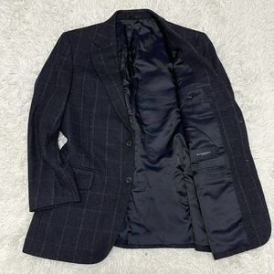 未使用級!! 【極上カシミヤ100%】 BURBERRYLONDON バーバリーロンドン メンズ L相当 テーラードジャケット グレンチェック ビジネス 紺 