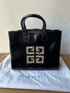 1円〜美品 GIVENCHY ジバンシー パテントレザー×ハラコ ロゴ 2WAY ハンド ショルダーバッグ ブラック ヒョウ柄