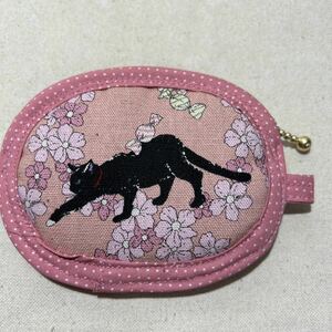 ミニミニポーチ/薬/鍵/ふわふわ/ハンドメイド/黒猫桜ピンク2