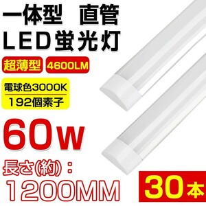 送料無料 高輝度 30本セット 超薄型 一体型 直管 LED蛍光灯 60W形相当 電球色3000K 4600LM 180度広角照射 1年保証 AC 110V D15B