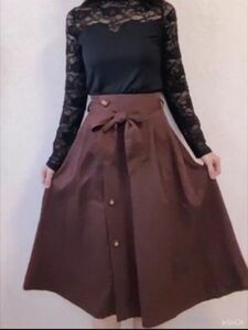 3月sale！イング　茶色リボン付サイド釦ミディスカート