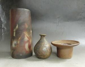 うぶだし品 人間国宝 藤原雄 造 備前徳利 前作 人間国宝 山本陶秀 造 備前一輪生 前作 県重要無形文化財 各見政峯 造 備前花入 まとめて