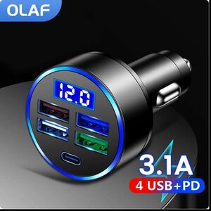 車載用USB充電器、ミニカーチ計15.5W3.1A（急速充電対応）【規格】USB3.1A×4個とUSB Type-C×1個【色】黒