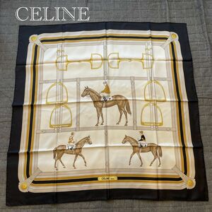 CELINE セリーヌ 大判シルクスカーフ ロゴ 馬 ジョッキー ヴィンテージ