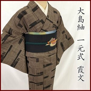 ◇きものマーチ◇大島紬 一元式 霞文 幾何学文◇美品 311mt32