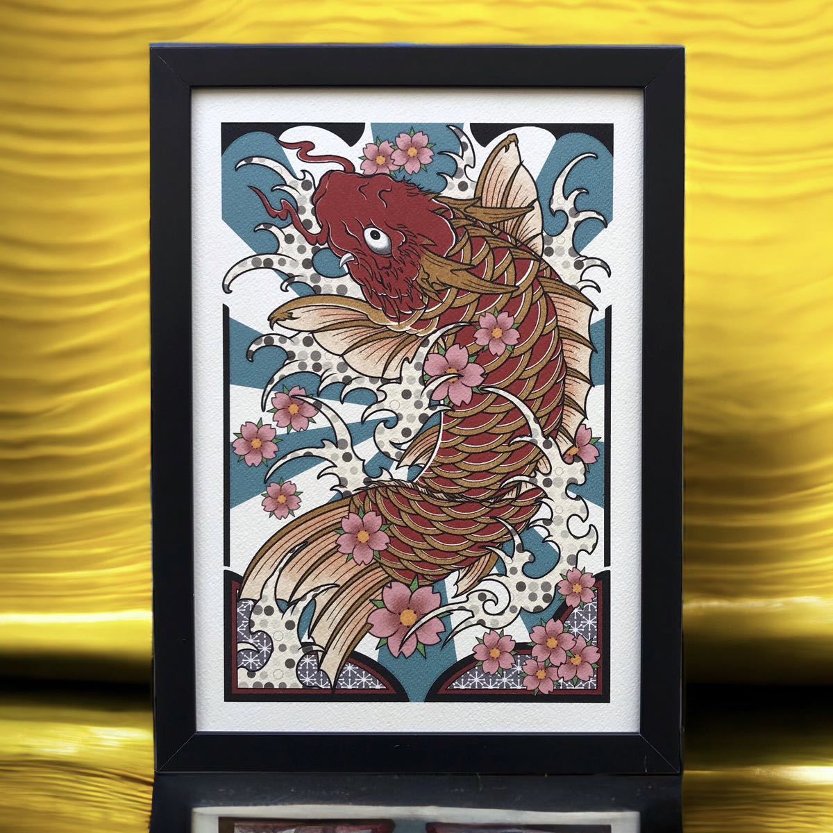 Lucky charm, good luck prayer, career advancement prayer, luck up, illustration, A4 size, monster carp, dragon gate, red, Japanese pattern, art, with frame, art frame, Handmade items, interior, miscellaneous goods, ornament, object