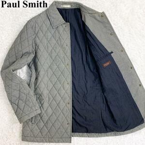 美品 XL ポールスミス Paul Smith キルティング ジャケット マイクロ千鳥柄 ウール コート グレー系 メンズ