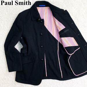 美品 ポールスミス Paul Smith マリンコート Mサイズ くるみボタン マルチストライプ ウール100% ブラック メンズ