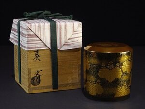 【開】山中塗作家『前端春斎』作 片身変り秋草五七桐紋蒔絵 吹雪 内梨子地 共箱付♯16