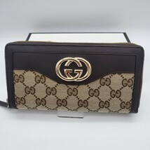 未使用に近い 箱付き GUCCI グッチ インターロッキング 金具 ラウンドファスナー 長財布 財布 ベージュ ブラウン_画像1