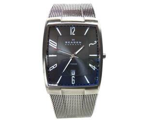 稼働品 SKAGEN/スカーゲン 851LTTM TITANIUM QZ/クォーツ アナログ デイト スクエア メンズ 腕時計 3針 ブラック/文字盤 純正ベルト